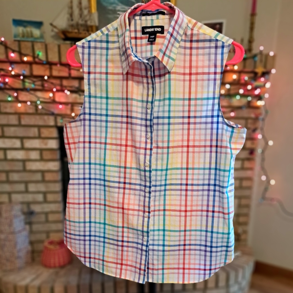 EUC Land's End sleeveless cotton button down blouse, size 14P